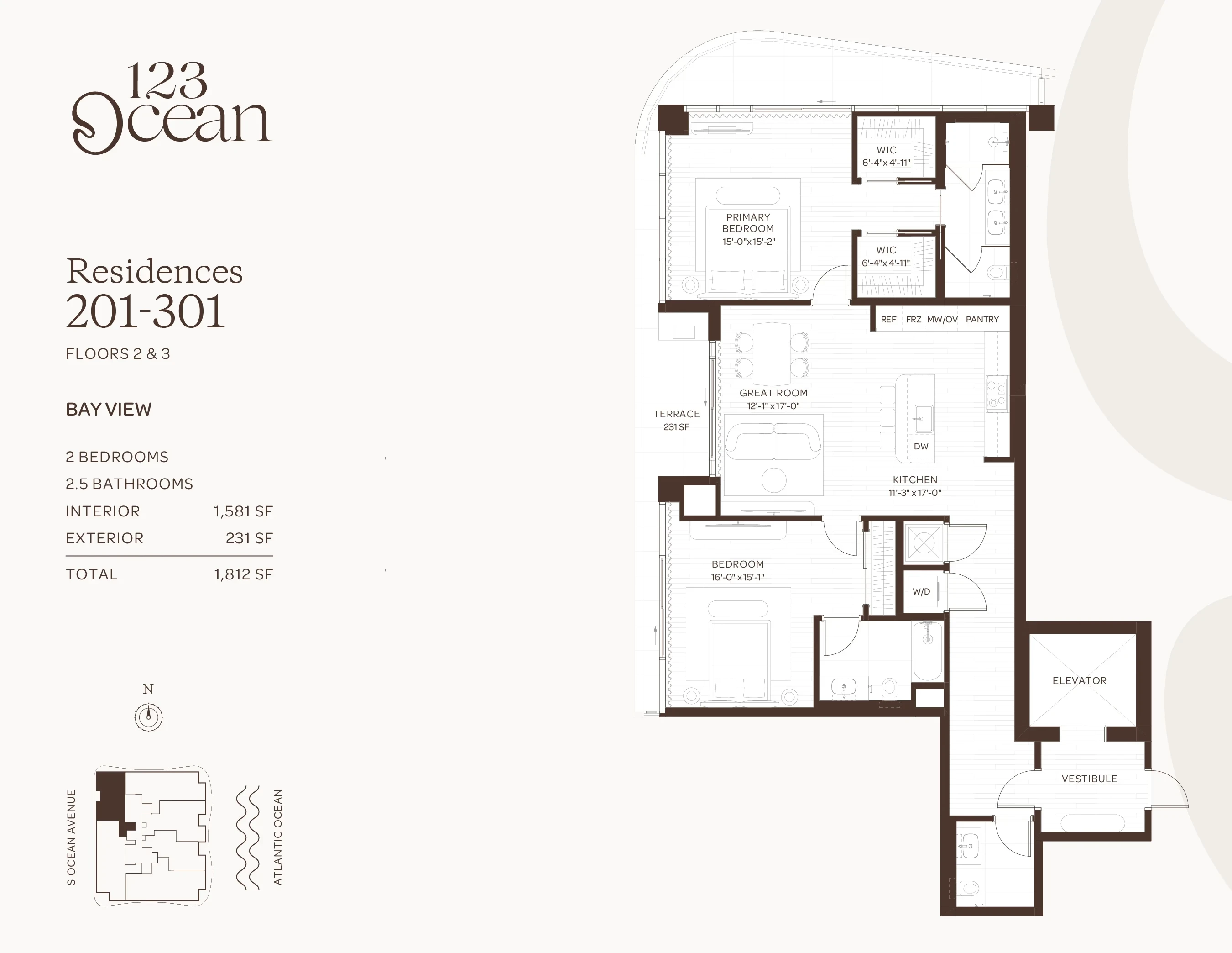 123 Ocean — Residences 201-301 - Floors 2-3 floor plan — 2 BD · 2.5 BA — Singer Island