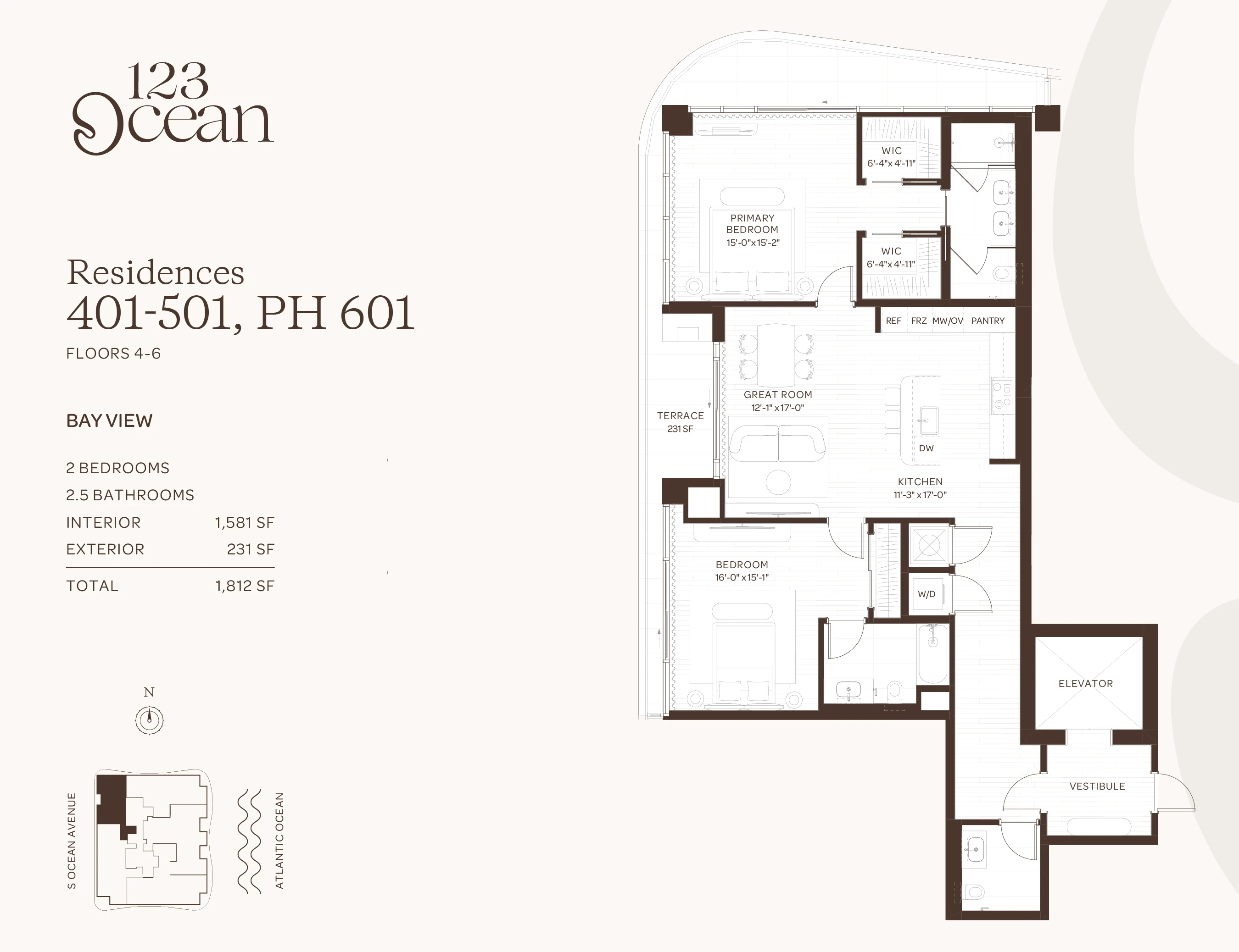 123 Ocean — Residences 401-501, PH 601 - Floors 4-6 floor plan — 2 BD · 2.5 BA — Singer Island