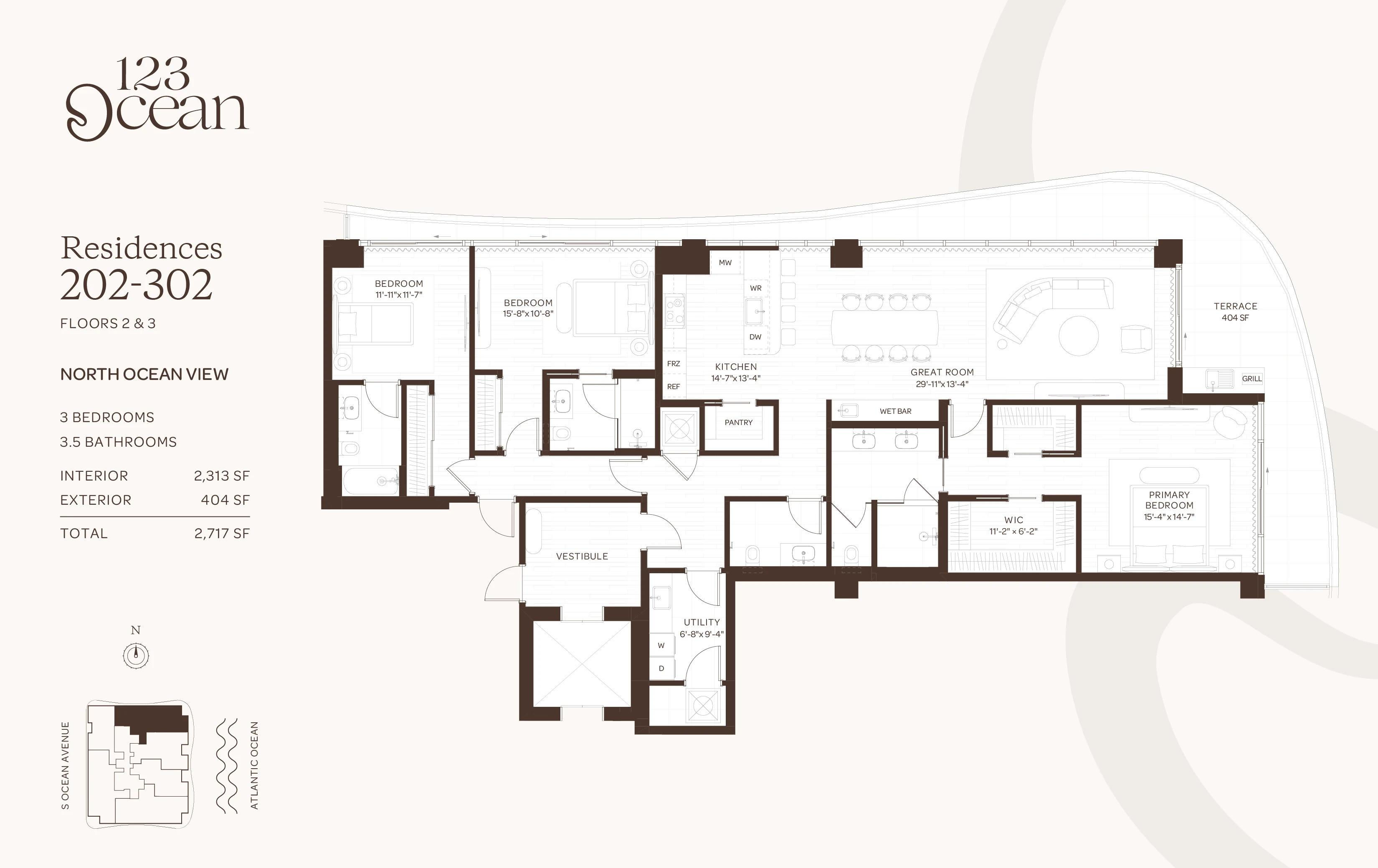 123 Ocean — Residences 202-302 - Floors 2-3 floor plan — 3 BD · 3.5 BA — Singer Island
