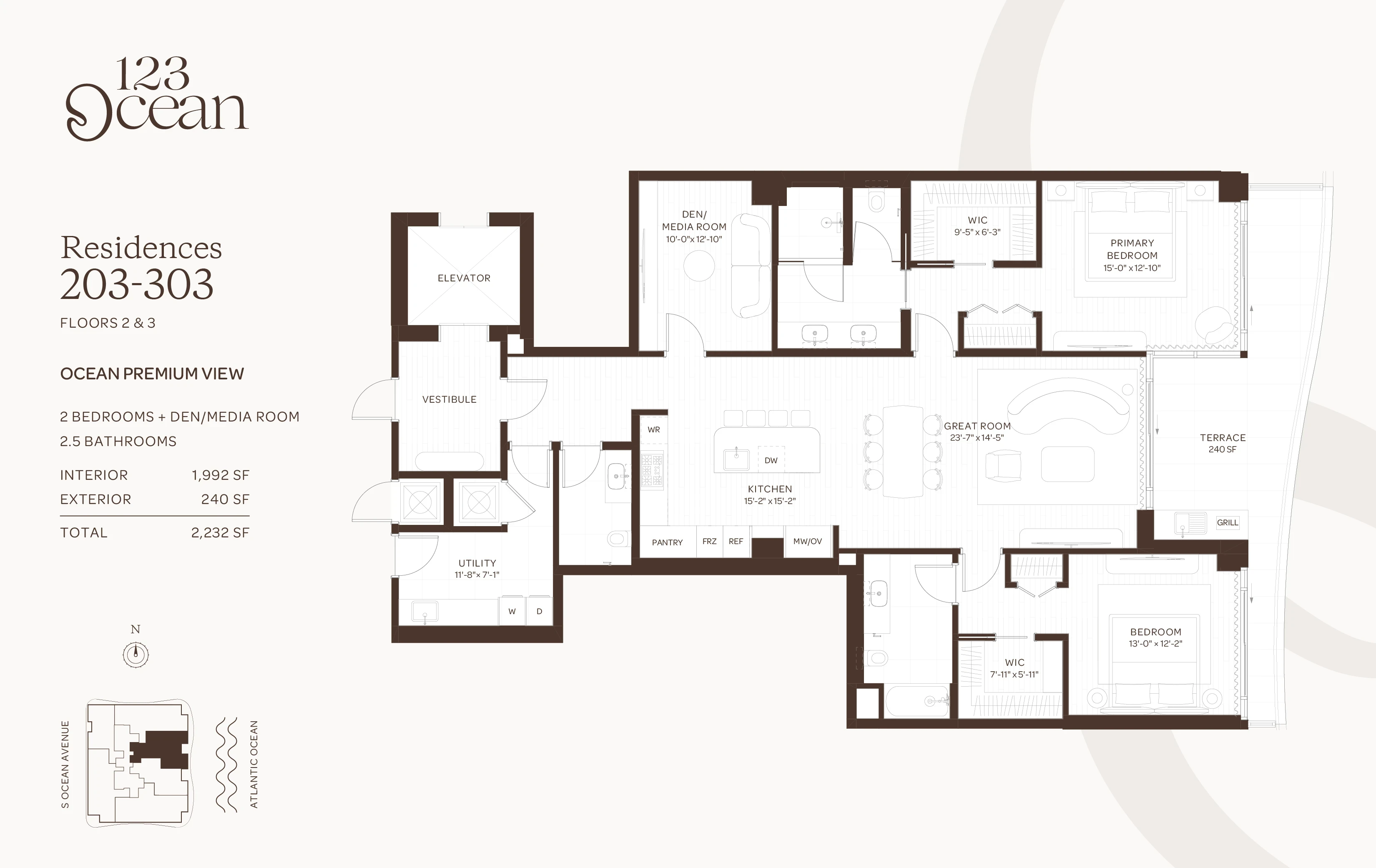 123 Ocean — Residences 203-303 - Floors 2-3 (2BR + Den) floor plan — 2 BD · 2.5 BA — Singer Island