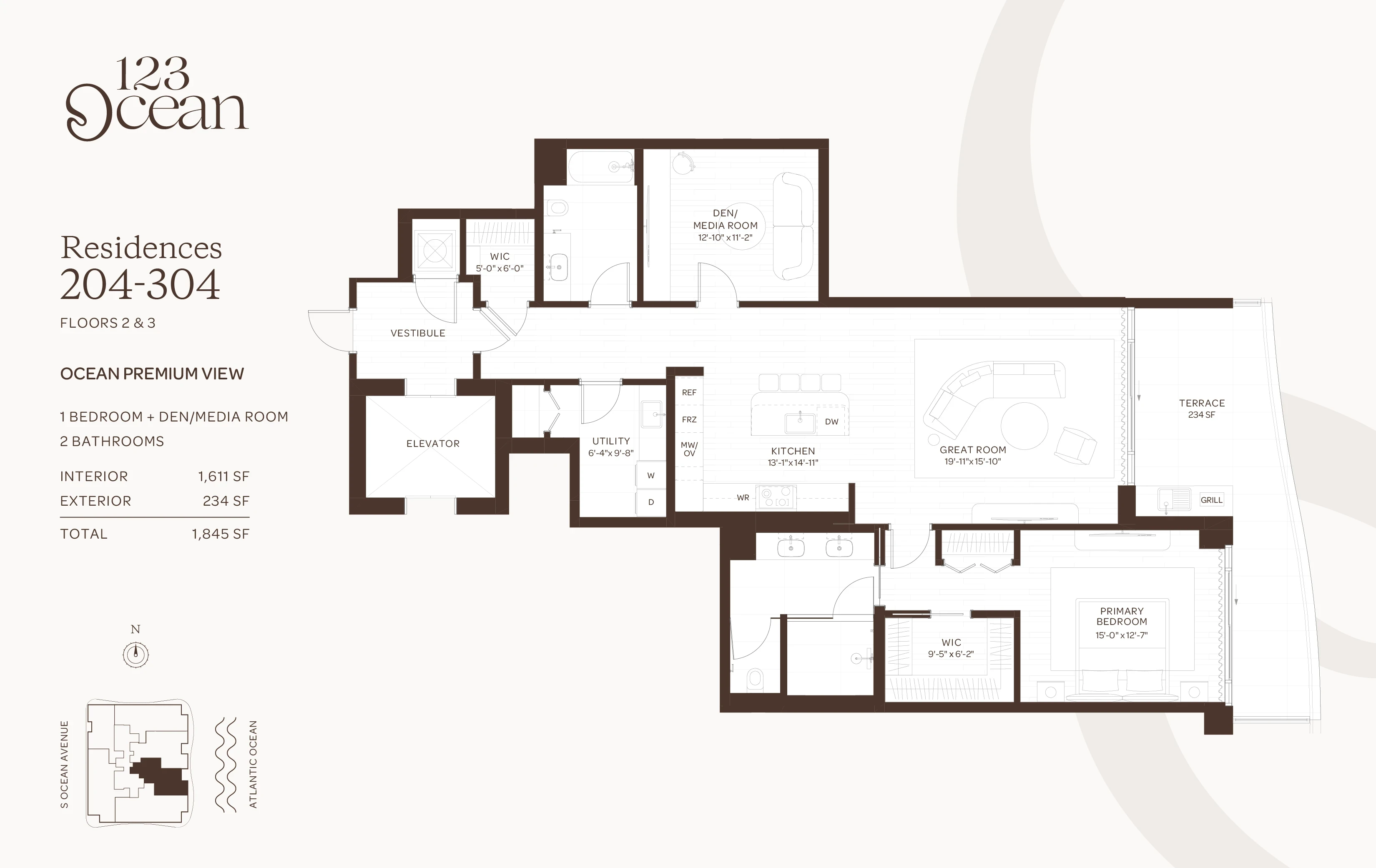 123 Ocean — Residences 204-304 - Floors 2-3 (1BR + Den) floor plan — 1 BD · 2 BA — Singer Island