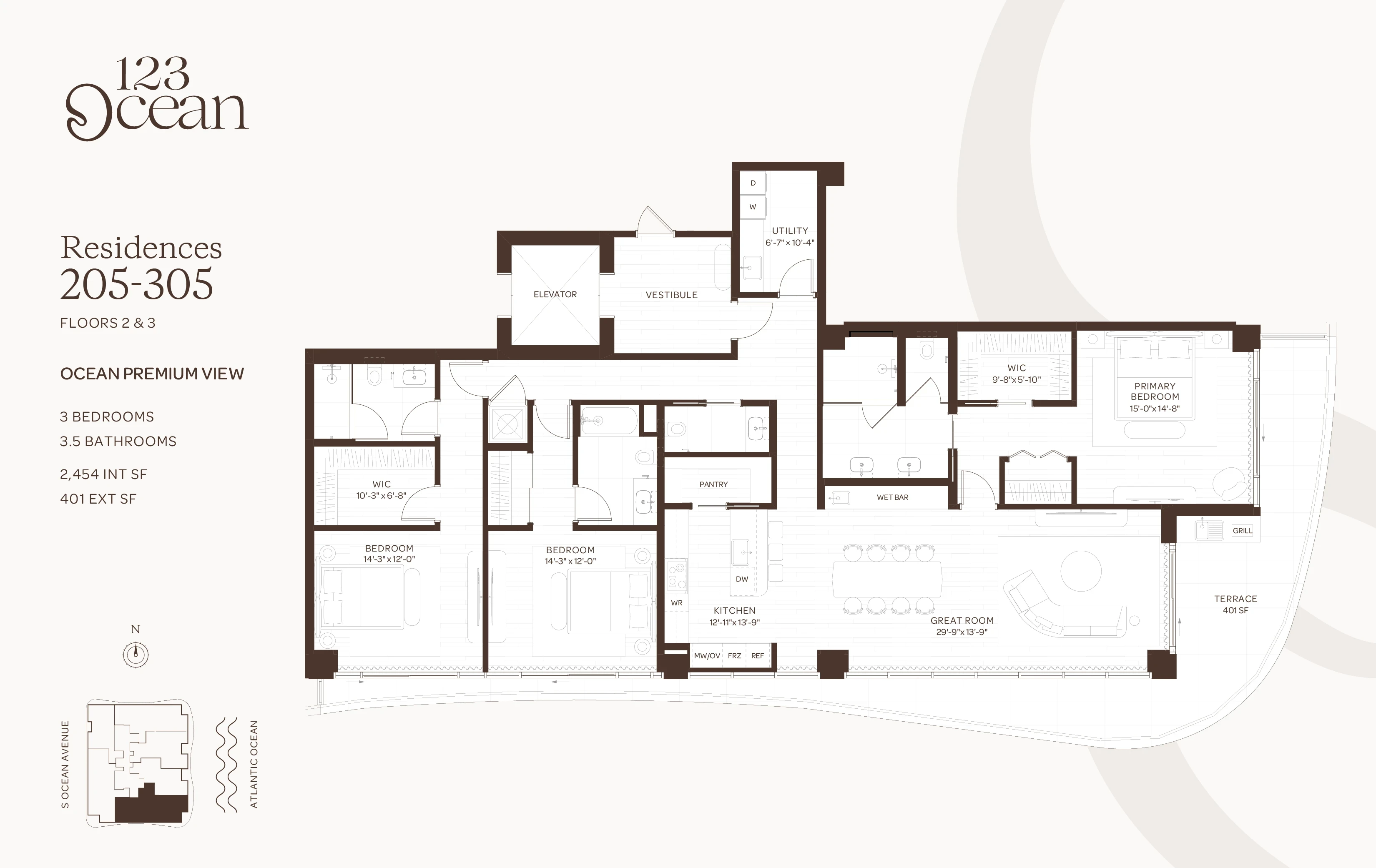 123 Ocean — Residences 205-305 - Floors 2-3 floor plan — 3 BD · 3.5 BA — Singer Island