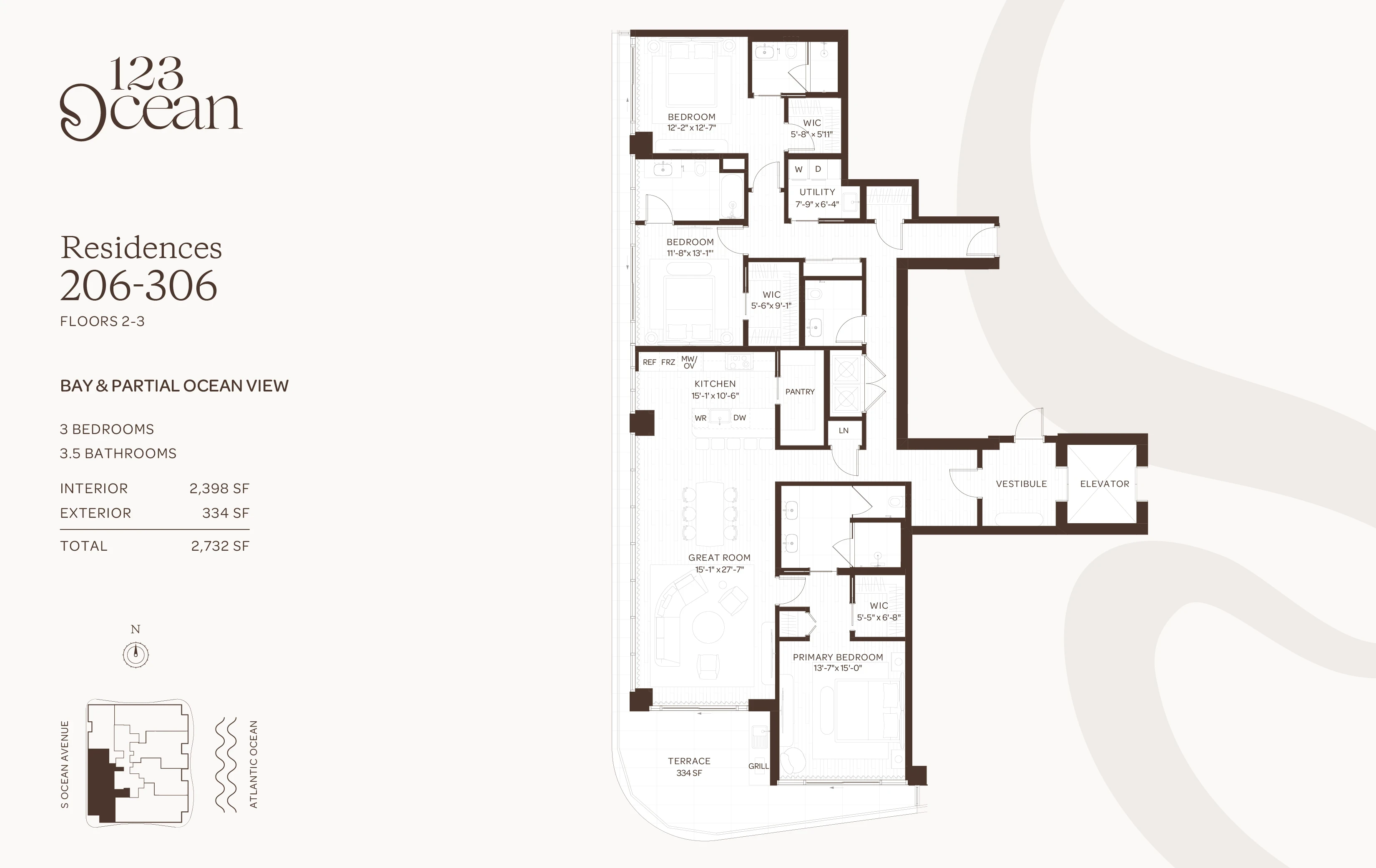 123 Ocean — Residences 206-306 - Floors 2-3 floor plan — 3 BD · 3.5 BA — Singer Island