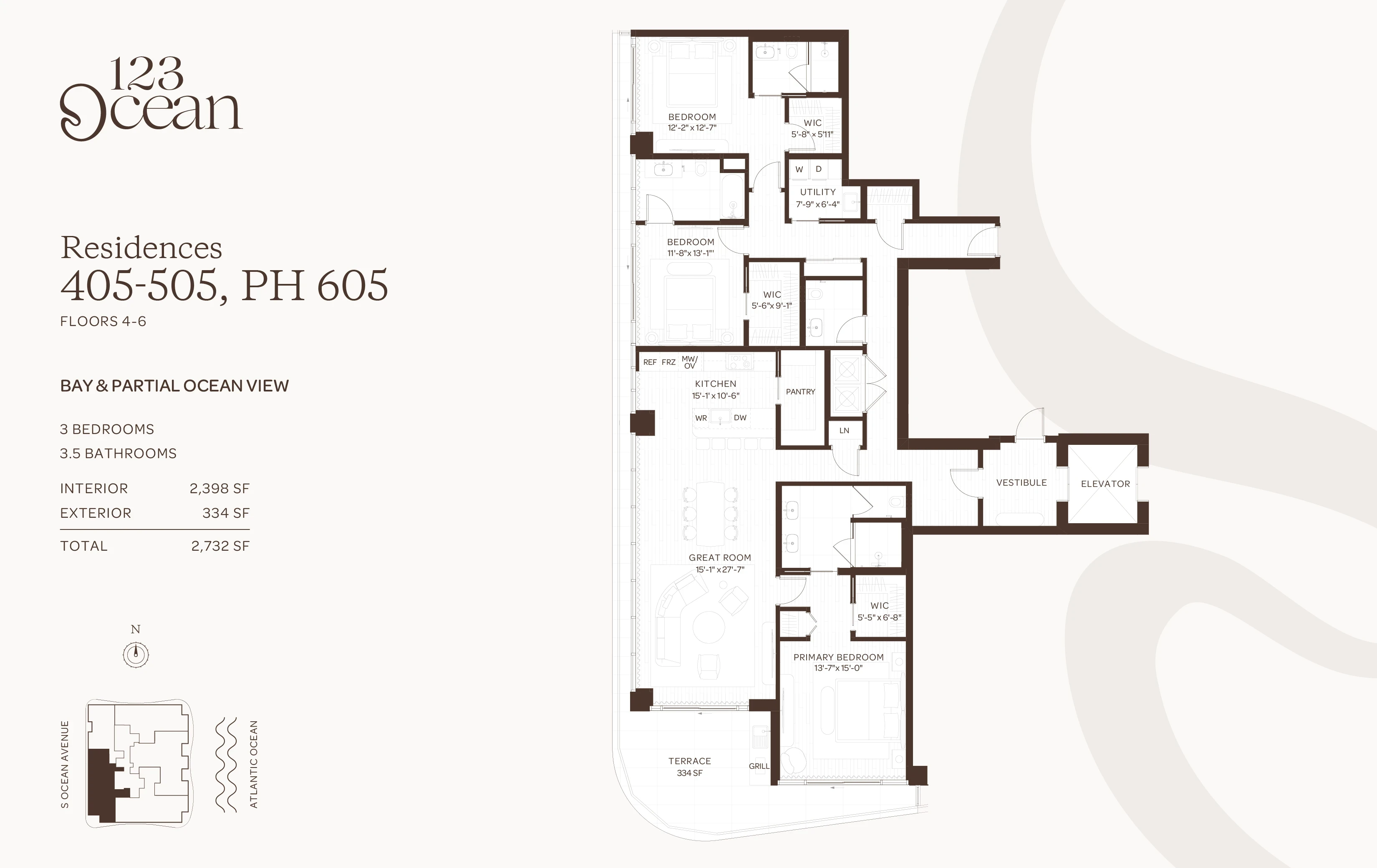 123 Ocean — Residences 405-505, PH 605 - Floors 4-6 floor plan — 3 BD · 3.5 BA — Singer Island