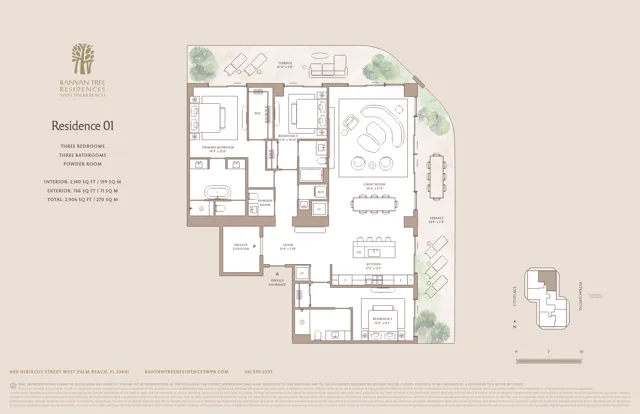 Banyan Tree Residences — Residence 01 floor plan — 3 BD · 3.5 BA — Downtown West Palm Beach