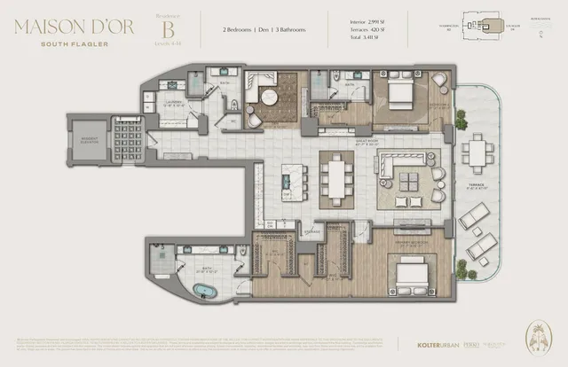 Maison d'Or — Residence B floor plan — 2 BD · 3 BA — Downtown West Palm Beach