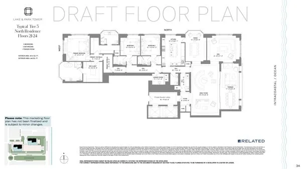 South Flagler House — Tier 2 West (Floors 12-18) floor plan — 2 BD · 2.5 BA — Downtown West Palm Beach